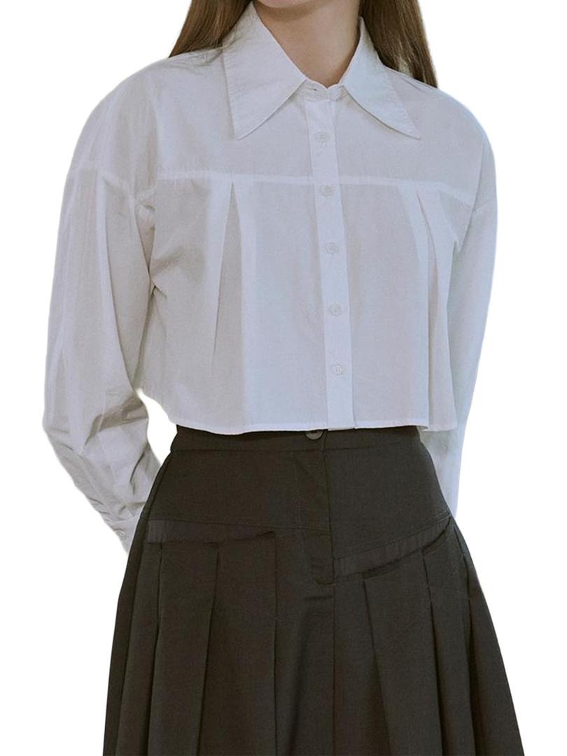 SUNNOW Women's Minimalist Tuck Detail Crop Shirt Modern Relaxed Fit Top Stylish Cropped Length Blouse White (White, M)