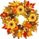 [ Prelit & Timer ] 17 Inch Fall Wreaths for Front Door Sunflower Fall Wreath with 20 LED Battery Operated Autumn Wreaths Maples Leafed Pumpkins Pinecones Acorns Thanksgiving Wreath for Home Wall Door
