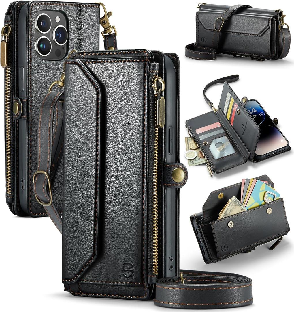 Wallet Case Compatible with iPhone 14 Pro RFID Blocking 7-Card Holder Soft PU Leather Magnetic Snap Shoulder Strap Zipper Pocket Phone Case Fit for iPhone 14 Pro 6.1" - Black