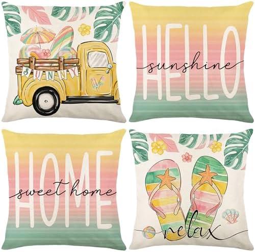Pack of 2 Ni-JASW Hello Summer Throw Pillow Covers 18x18 in, Beach Theme Tropical Truck Cushion Case for Sofa Couch Set of 4