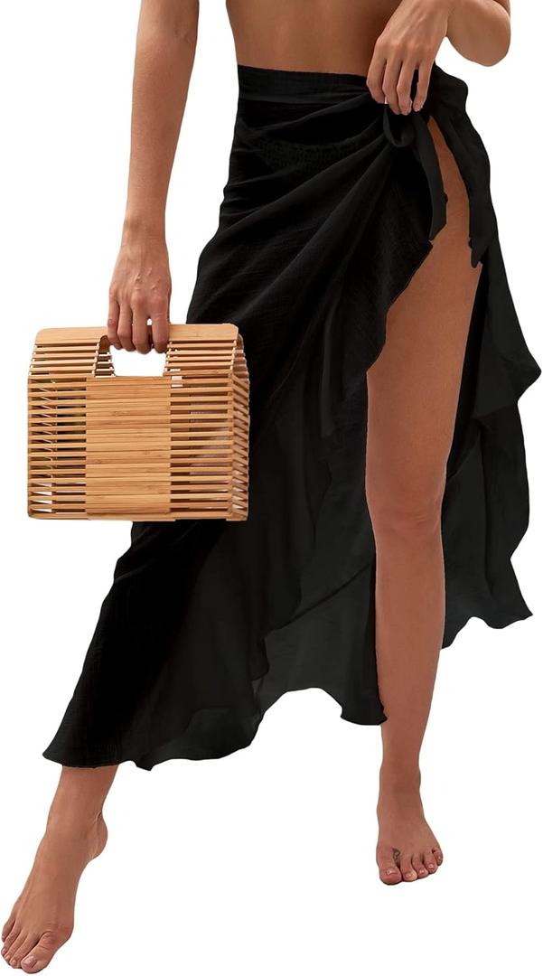 OYOANGLE Women's Mesh Sheer Swimsuit Cover Up Ruffle Tie Side Beach Sarong Wrap Long Skirt (X-Large, Black)