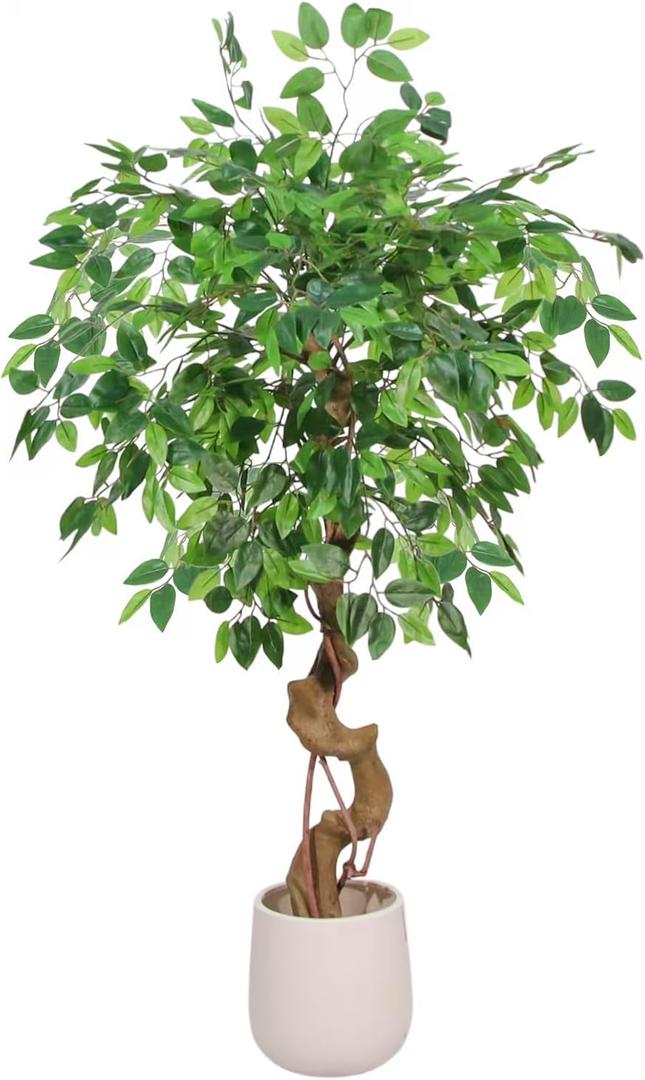 4FT Artificial Ficus Tree,Large Fake Tree with White Planter, Tall Faux Ficus Tree with Lifelike Leaves and Realistic Trunk, Artificial Plants Indoor for Dcor Home Office Living Room