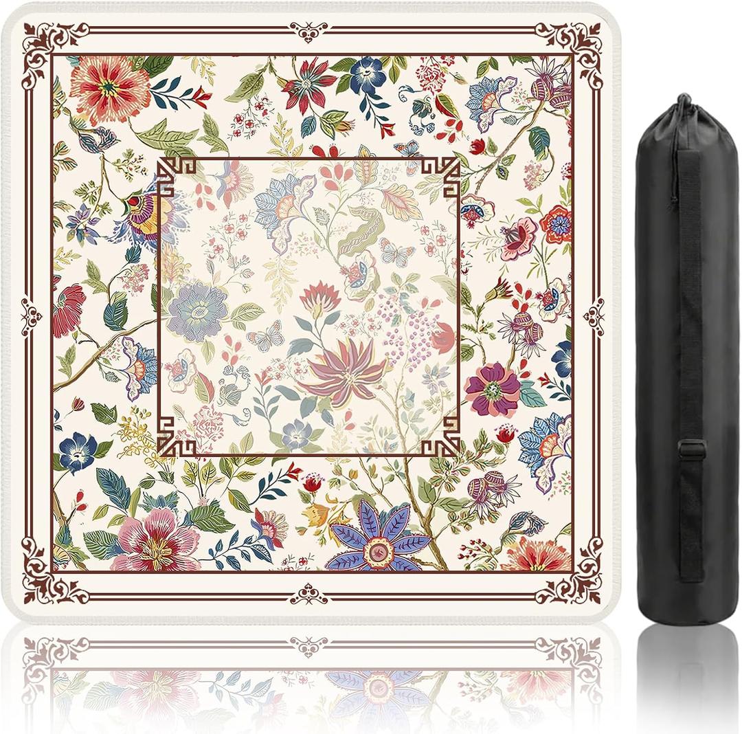 Mahjong Mat for Table, Mahjong Table Mat Flower 31x 31In, Non-Slip Noise Reduction Mah Jong Mat with Carrying Bag, Game Table Cover for Mahjongs Poker Card Dominoes, Christmas Birthday Gift