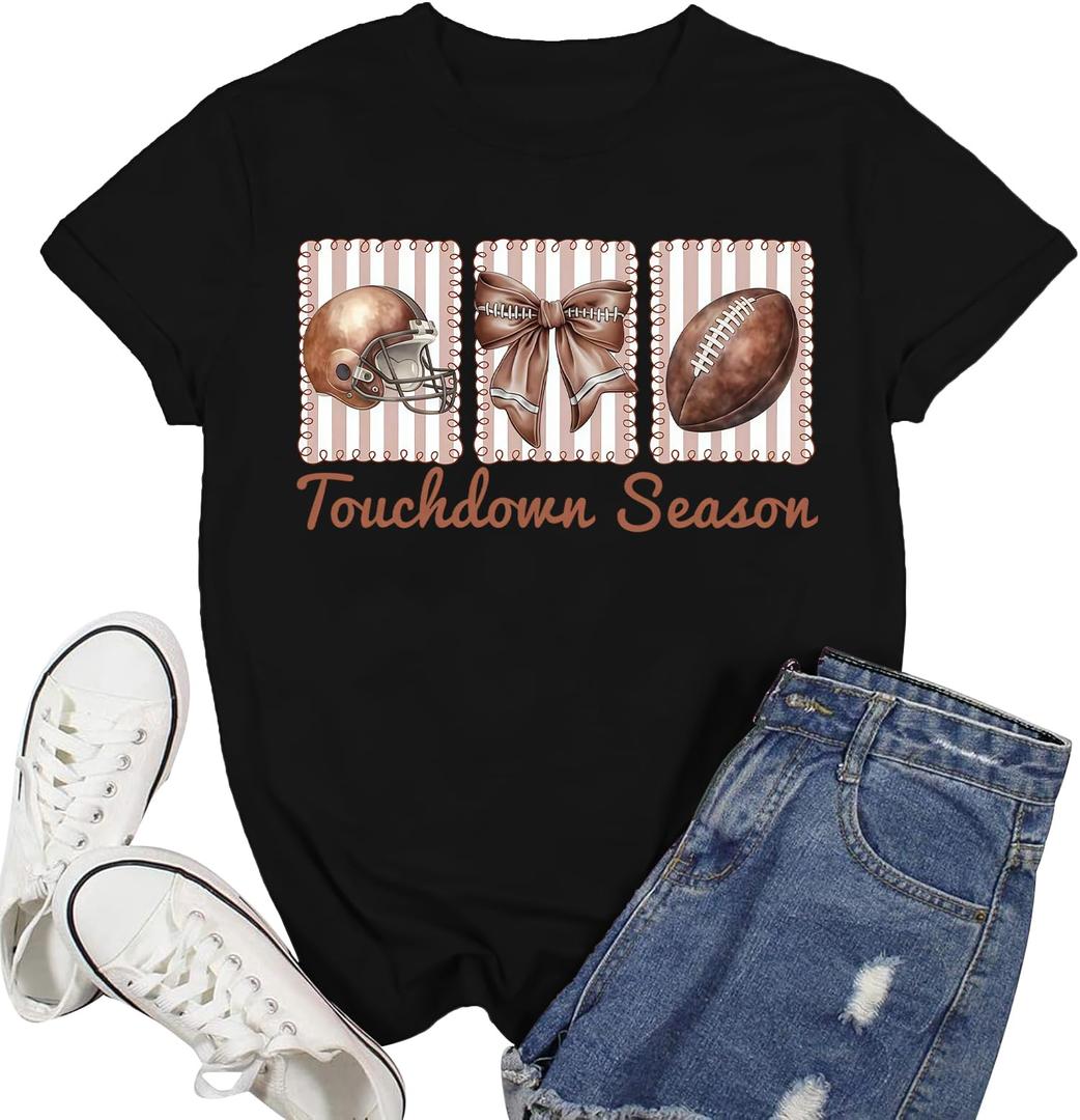 Football Mom Shirt Women-Cute Touchdown Season T-Shirts Game Day Mama Short Sleeve Funny Football Tee Top