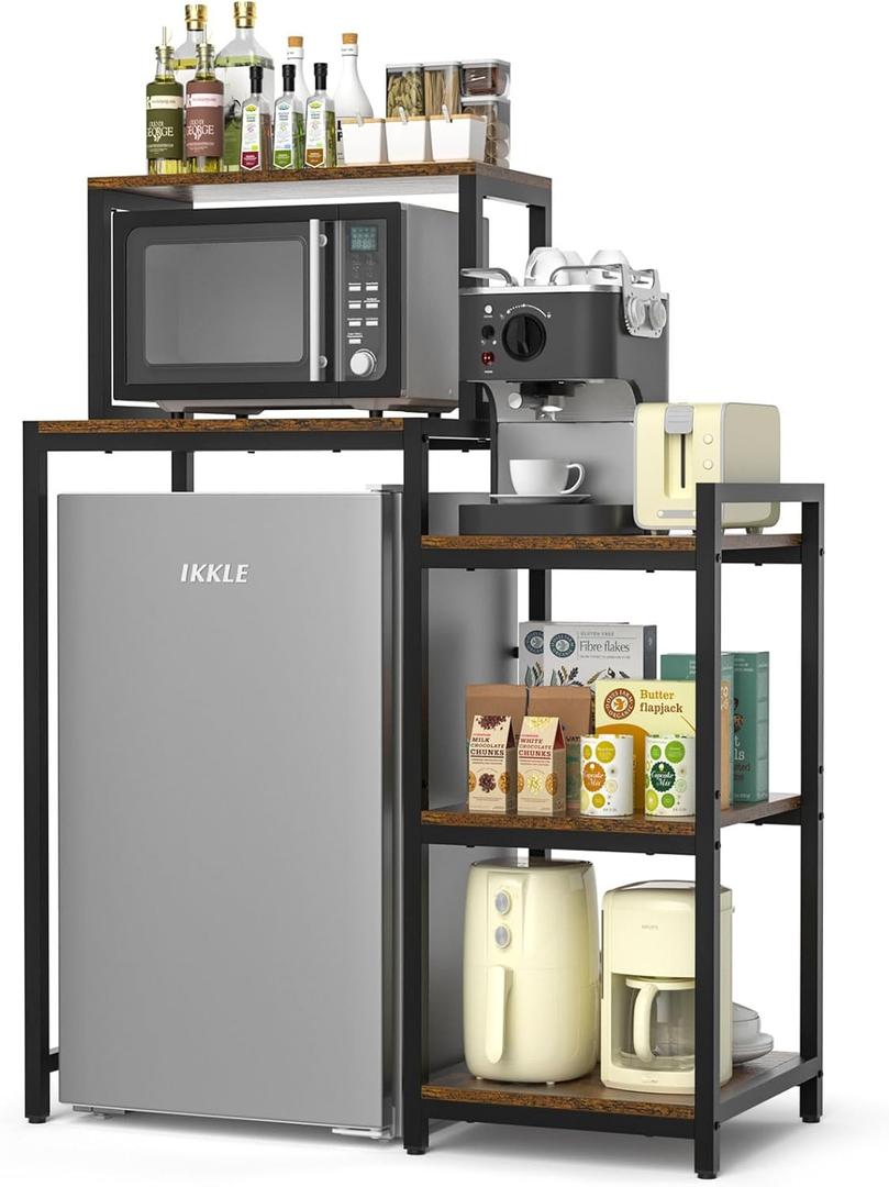 ikkle Mini Fridge Stand with Storage Shelves, 3-Tier Mini Fridge Cabinet Microwave Stand Baker Rack, Wood Utility Storage Shelf with Mini Fridge Storage Space for Dorm Kitchen (Brown)