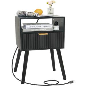 Black Nightstand with Charging Station, Mid Cetury Modern Nightstand with Drawers, Fluted End Side Table with Solid Wood for Bedroom, Dorm and Small Space (Black)