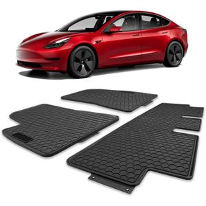 Spurtar for Tesla Model 3 Floor Mats 2017-2025, Car Floor Mats All Weather Automotive with 3D Extended Edge, 3 Pack Honeycomb Design Front & Rear Rubber All-Weather Protector, Black
