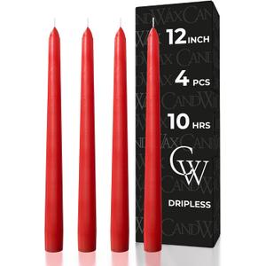 CANDWAX 12 inch Red Taper Candles Set of 4 - Dripless and Long Burning Red Candlesticks - Perfect as Christmas Candlesticks for Dinner or Holiday Home Decor - Christmas Candle Sticks