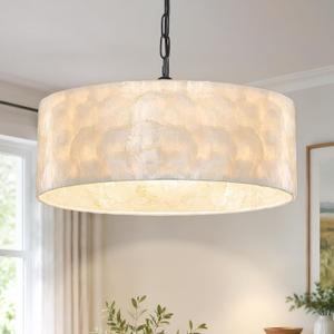 Boho Capiz Shell Drum Chandelier, 18in Black Pendant Light for Dining Room
Handcrafted coastal fixture with adjustable hanging chain, ideal for foyers, bedrooms, bathrooms, and entryway spaces.