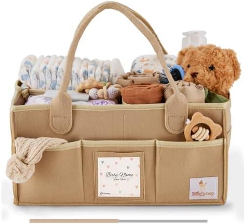 Babylicious Baby Diaper Caddy Organizer | Felt Changing Table Organizer - XL | Diaper Organizer for Changing Table | Name Card Included- Newborn Essentials Must Haves for Parents Tan