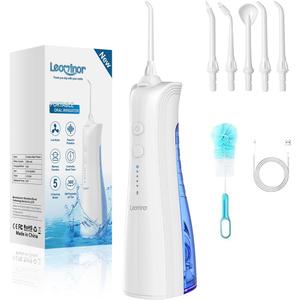 Leominor Water Dental Flosser - 5 Modes Cordless Portable Oral Irrigator, IPX7 Waterproof, Rechargeable Teeth Cleaner Upgrade Datchable Tank Professional Flossing Cleaning Pick for Home Travel (White) (230ml)