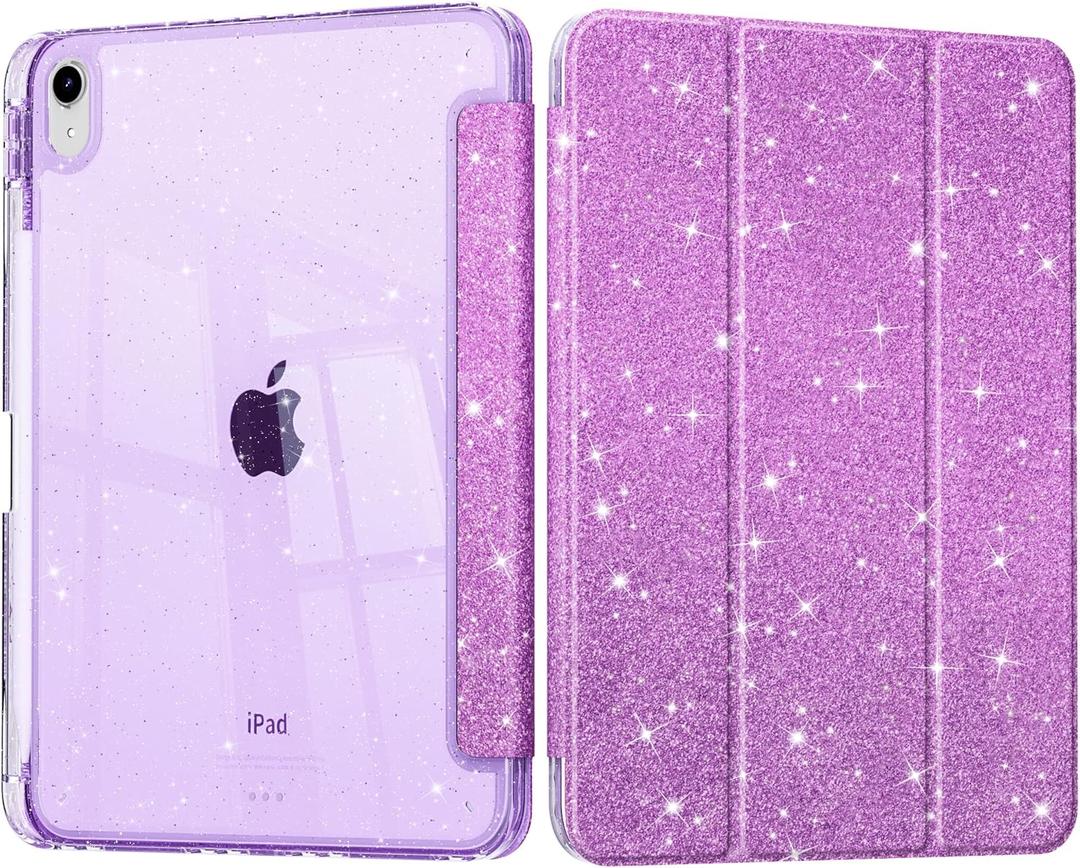 Sparkly Case for iPad Air 11'' (M3 2025/M2 2024) 6th Gen/iPad Air 10.9'' 2022 2020 Air 5th /4th Gen, Buit in Pencil Holder with Glitter Transparent Back Cover Auto Wake/Sleep, Sparkly-Purple