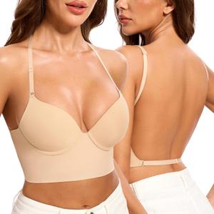 Low Back Bra for Women-Seamless Invisiable Backless Bras-Lightly Lined Open Back Halter Multiway Low Cut Bra (36D, Nude)