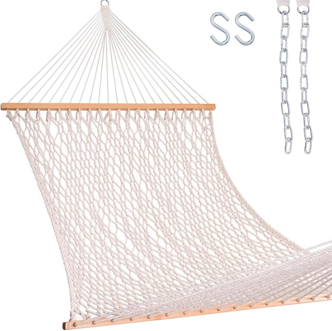 Lazy Daze Hammocks 12FT Double Rope Hammocks, 2 Person Hand Woven Cotton Hammock with Spreader Bar for Outdoor, Indoor, Patio, Poolside, FIT 13-15 Foot Stand, Max 450 Lbs, Natural, 141 x 57 inches (Natural)