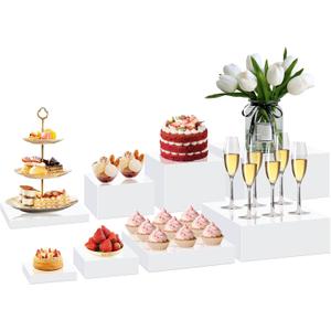 8pcs Buffet Risers, Food Display Stands for Buffet Table, Acrylic Display Risers Shelf for Dessert Jewelry Show, White Acrylic Cube Display Nesting Riser with Hollow Bottoms