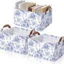 Boao 3 Pcs Blue Floral Storage Bin Wildflowers Collapsible Large Storage Baskets for Gifts Canvas Laundry Basket Foldable Box with Handle for Office Home Bedroom Clothes (15 x 11 x 8 Inches)