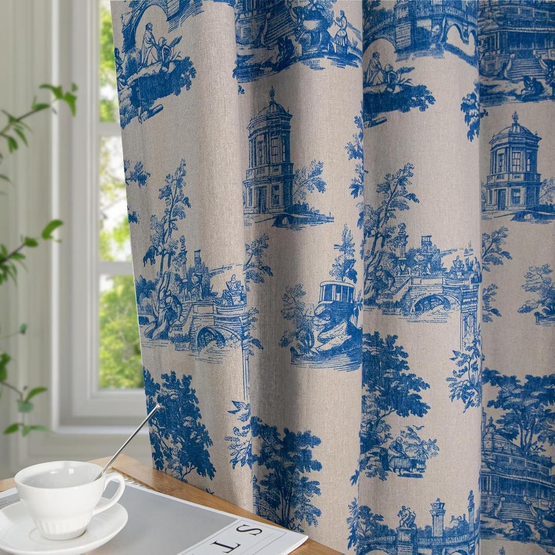 Blue Toile Curtains for Living Room 84 Inch Length 2 Panels Set Linen Toile de Jouy French Country Vintage Victorian Window Curtain Drapes for Bedroom Rod Pocket
