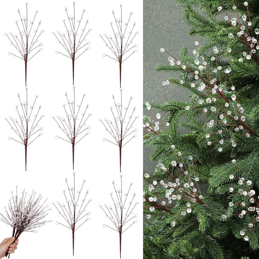 Chengu 8 Pcs Acrylic Crystal Christmas Tree Picks, 11.8 Inch Tall Sparkly Flower Stem Branches with Bead Drop Design, Crystal Ornaments for Christmas Tree Decor DIY Wreath Xmas Decorations