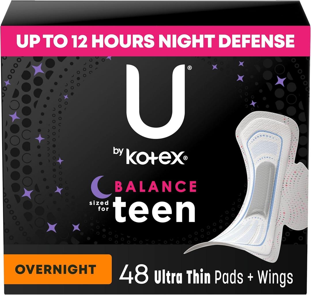 U by Kotex Balance Sized for Teens Ultra Thin Overnight Pads with Wings, 48 Count (4 Packs of 12) 