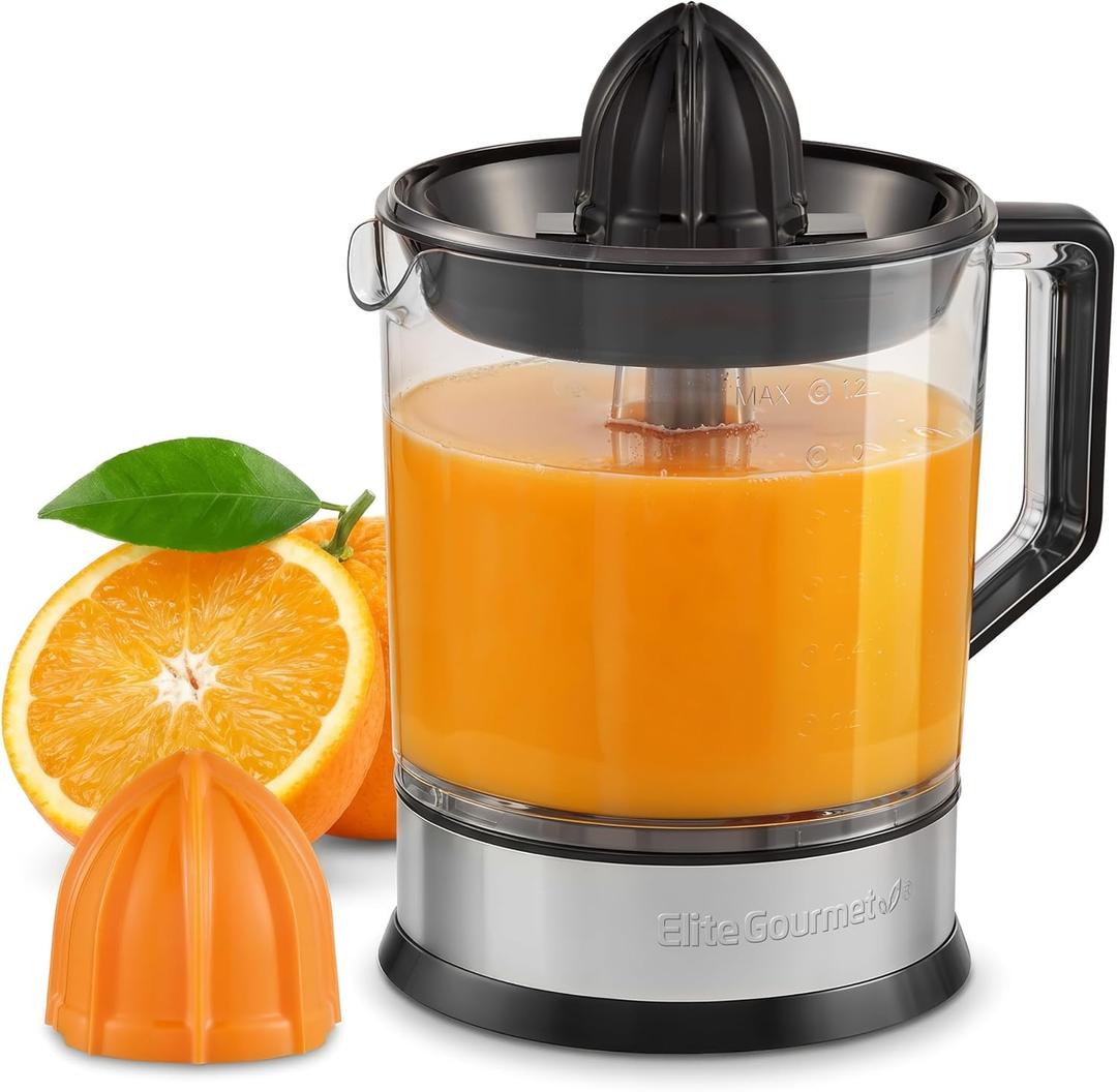 Elite Gourmet ETS740 BPA-Free Electric Citrus Juicer with 2 Cones, Compact, Large Volume, Pulp Control, Oranges, Lemons, Limes, Grapefruits with Easy Pour Spout, 1.2L, Black/Stainless Steel