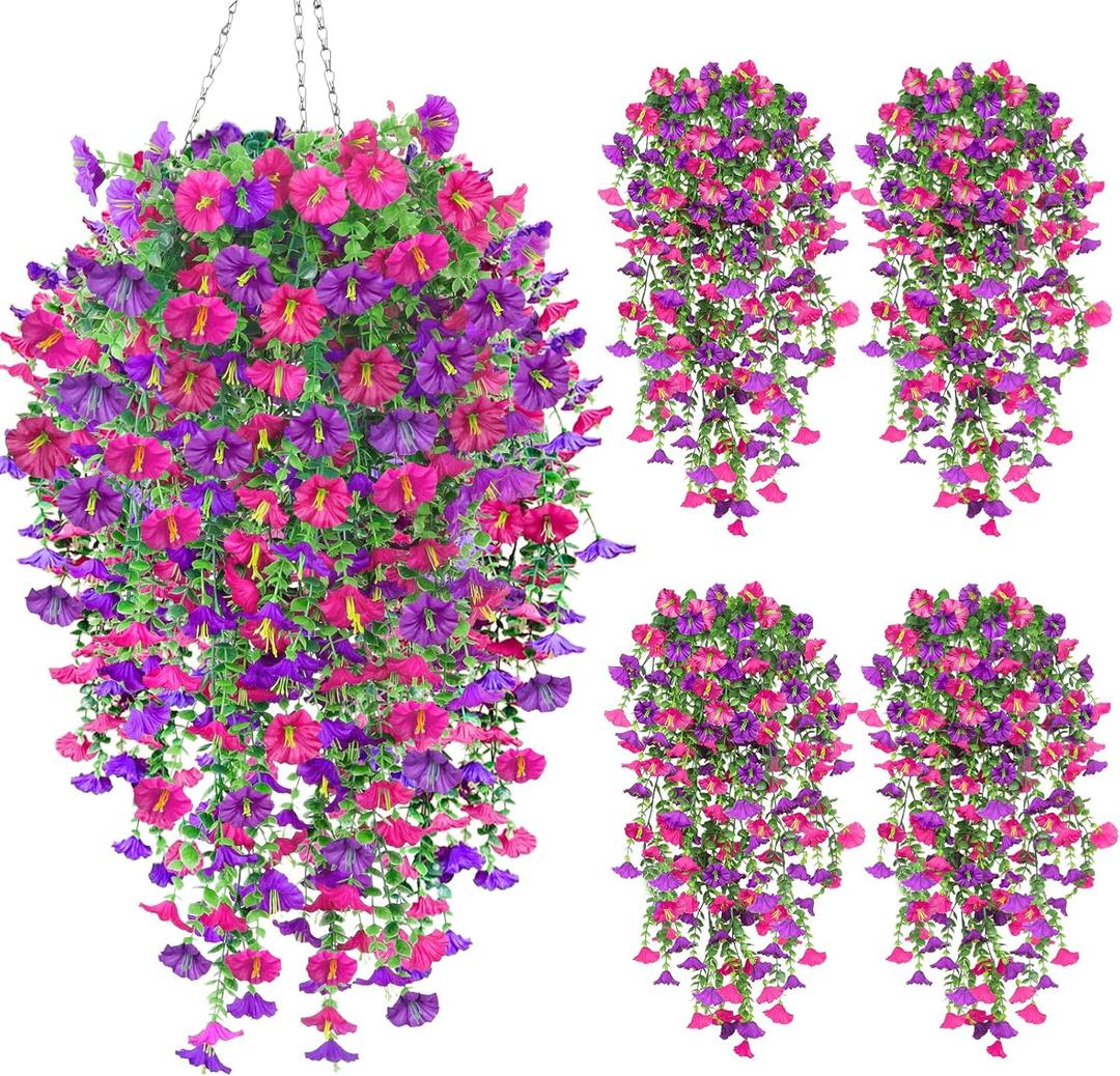 4PCS Artificial Fake Hanging Flowers Plants for Outdoor Spring Decor, UV Resistant Faux Morning Glory Eucalyptus Realistic Silk Petunias for Planter Porch Garden Balcony Yard Indoor (Purple Fuchsia)