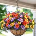 12 Bundles Artificial Hanging Flowers with Basket for Plants Outdoors,UV Resistant Fake Pansies Faux Silk Flowers for Outside Planter Front Door Porch Yard Home Decor, Purple Yellow Orange