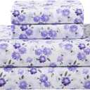 Softan Puple Floral Full Sheet Set, 4-Piece Microfiber Printed Fitted Sheet with 15" Deep Pockets & Non-Slip Straps, White Flower Patterned Double Bedding Sheets & Pillowcase Set