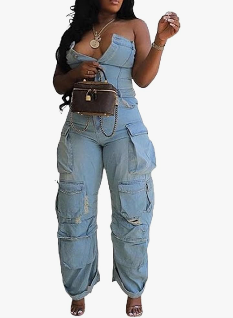 Tbahhir Women's Sexy Off Shoulder Tube Denim Cargo Jumpsuits Wide Leg Baggy Loose Jean Pants Rompers Overalls Size M