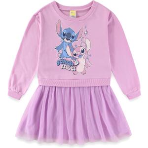 Disney Lilo and Stitch Angel Girls Long Sleeve Tulle Dress for Little Kids to Big Kids (Purple, L)