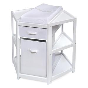 Badger Basket Corner Baby Changing Table - Space-Saving Diaper Changing Station for Nursery with Storage Bin, Changing Pad and Safety Belt - Organizer for Newborn and Infant Essentials - White