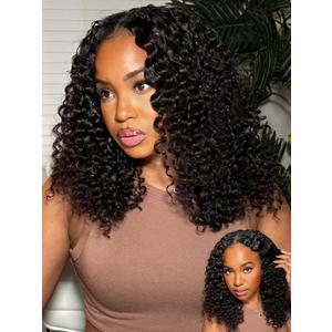 Julia Hair EasiContour 12A V Part Jerry Curly Glueless Wigs Human Hair Clip in Half Wig No Leave Out Vpart Wig Upgrade U Part Human Hair Wig for Women No Glue Beginner Friendly Natural Color 20 Inch