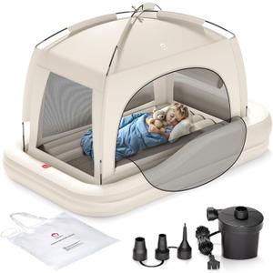 QPAU Inflatable Toddler Travel Bed with Tent, Baby Crib Tent, Portable Kids Air Mattress with Safety Bumpers, Ideal for Home, Grandma's, Camping, Traveling -Includes Fast Electric Pump (Khaki)