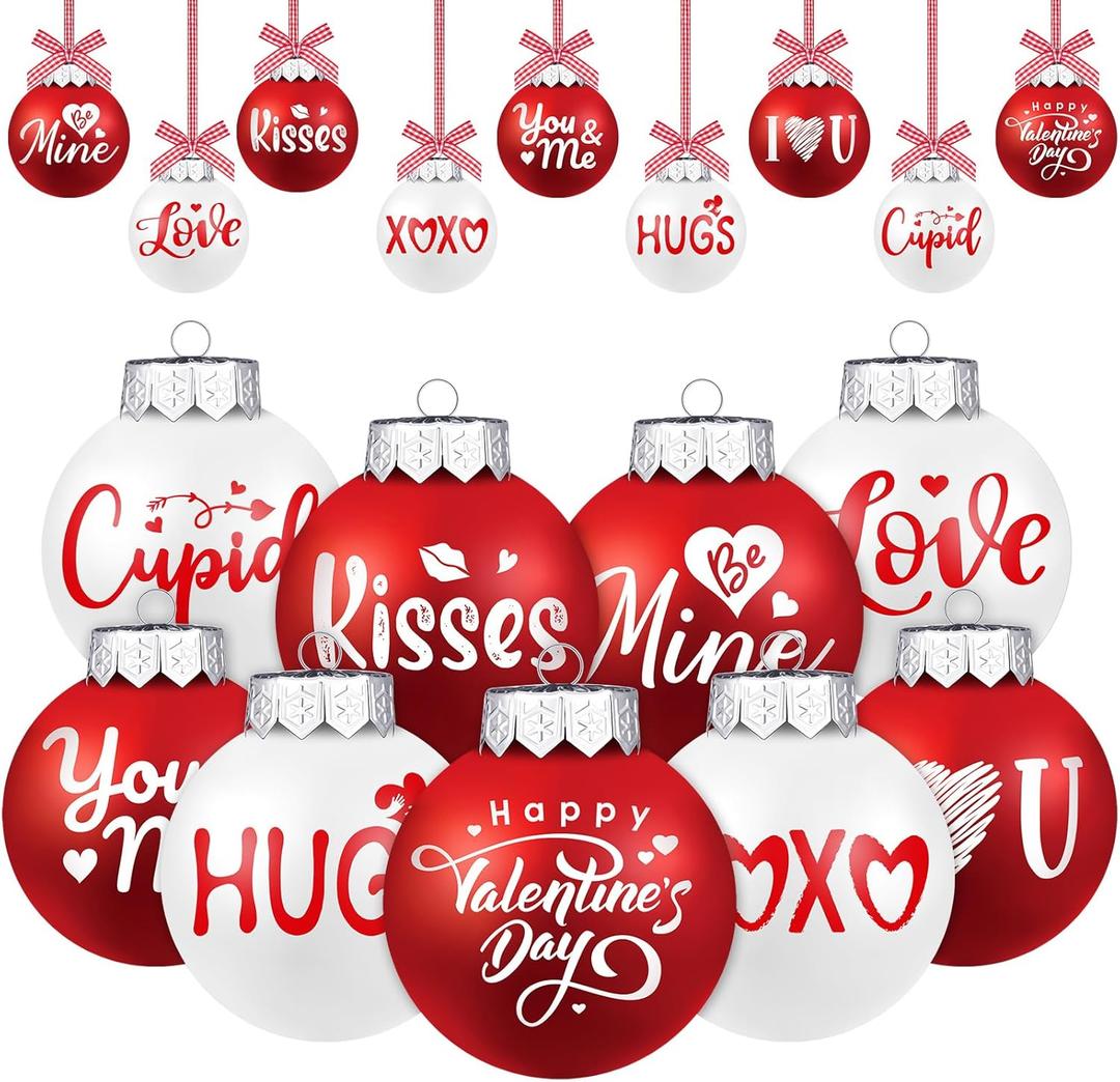 Hotop 18 Pcs Valentine's Day Hanging Ornament Red and White Ball Ornaments for Tree Valentine Ball Plastic Hanging Tree Decorations Love Kiss Be Mine Bulb for Holiday Weeding Party Decor