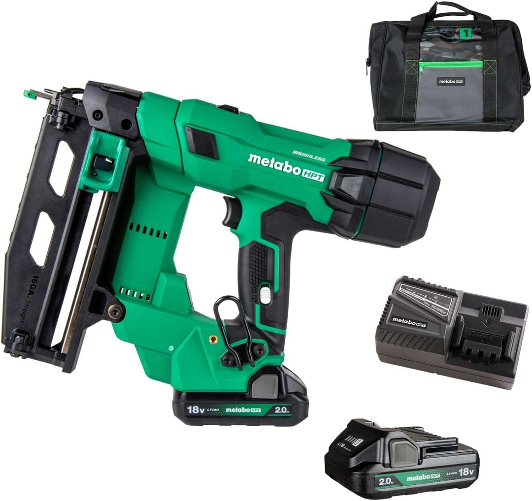 Metabo HPT 18V MultiVolt Brushless Pro 16-GA Straight Finish Nailer Kit, 16 Gauge Finish Nailer, Power Tool with 2.0Ah Lithium Ion Battery, 1" to 2-1/2" Nails, Powerful Brushless Motor, NT1865DSA