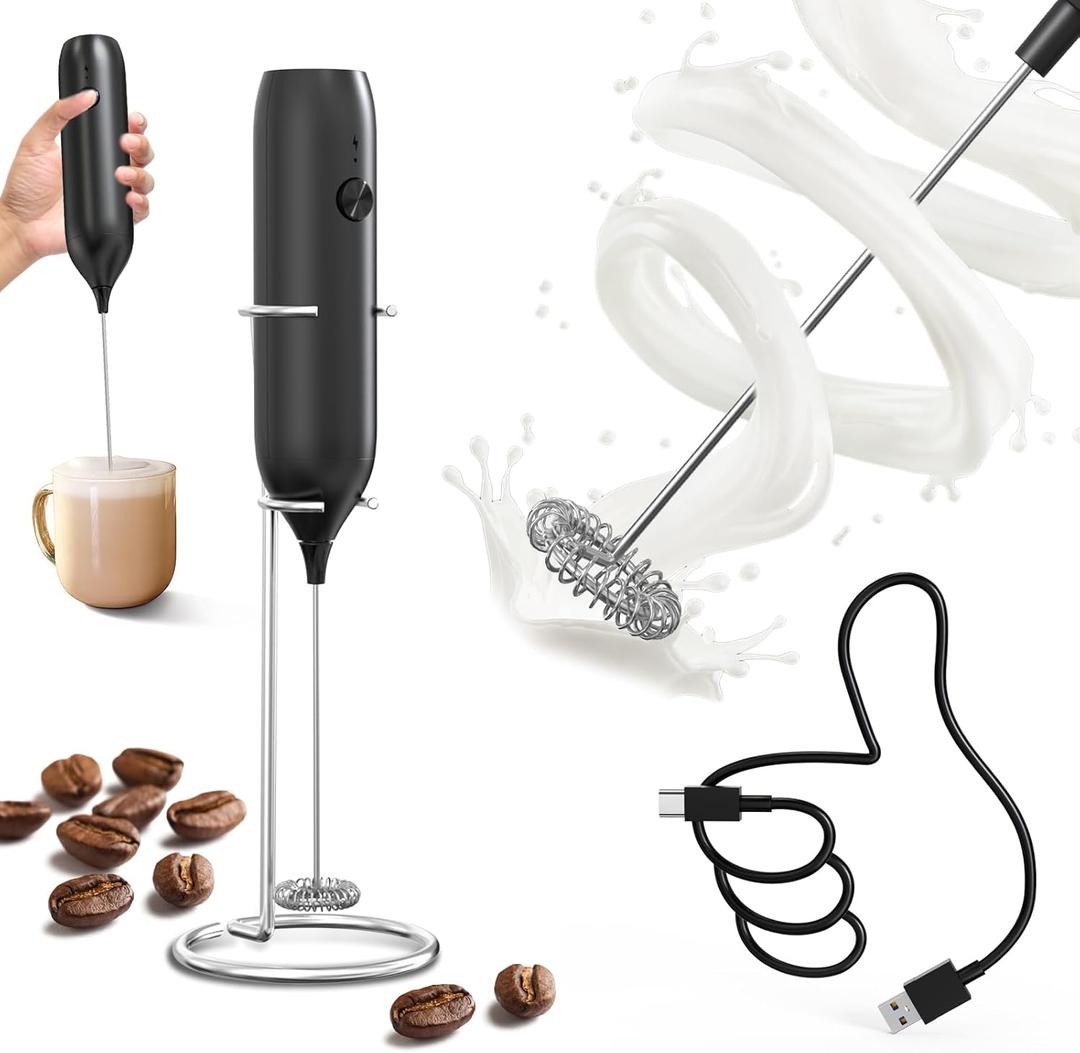 CIRCLE JOY Powerful Milk Frother Handheld with Stand Rechargeable Milk Foamer Electric Mini Drink Mixer for Coffee, Cappuccino, Lattes, Frappe, Matcha and Hot Chocolate, Black