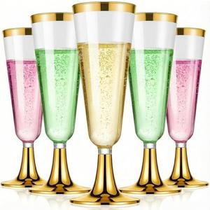 25 Pack Plastic Champagne Flutes 5.5oz Gold Rim Gold Base, Disposable Plastic Champagne Glasses, Suitable for Wedding, Birthday Party, Thanksgiving Day, Christmas Supplies