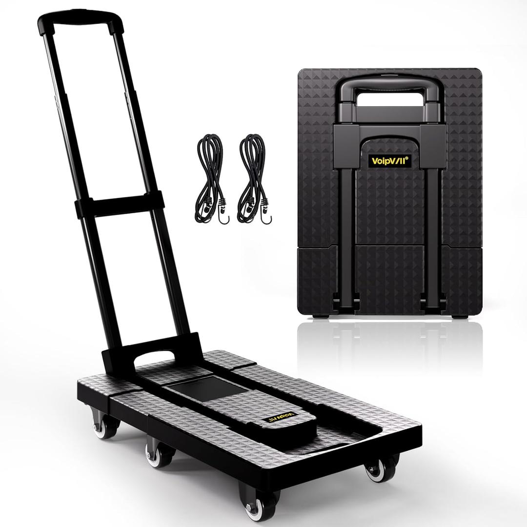 Voipvvii Folding Hand Truck 500lbs, Portable Heavy Duty Dolly Cart, 6 Wheels Collapsible Luggage Cart with 2 Elastic Ropes - Compact Trolley Cart for Easy Moving - Ideal Hand Cart for Travel and More (Black)