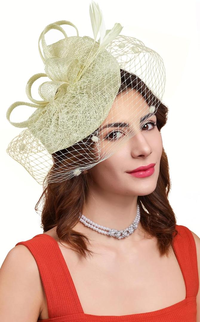 Cizoe Tea Party Fascinator Hats for Womens 50s Headwear with Veil Flower Cocktail Wedding Church Derby Hat (05-champagne/Silver/Sinamay)