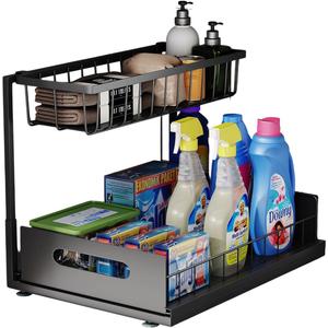 Under Sink Organizer, 2 Tier Pull-Out Cabinet Storage Shelf, Rust-Resistant Metal Organizer for Kitchen Bathroom Laundry Room, No Tools Installation, 1 Pack Black