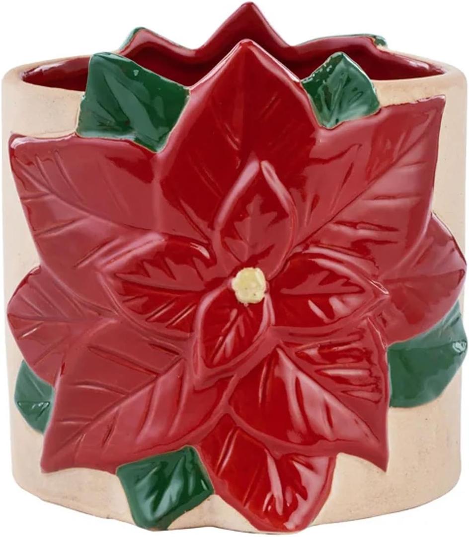 Napco Wrapped Poinsettia - 5 x 4.75 Inch Red Ceramic Standing Planter Pot