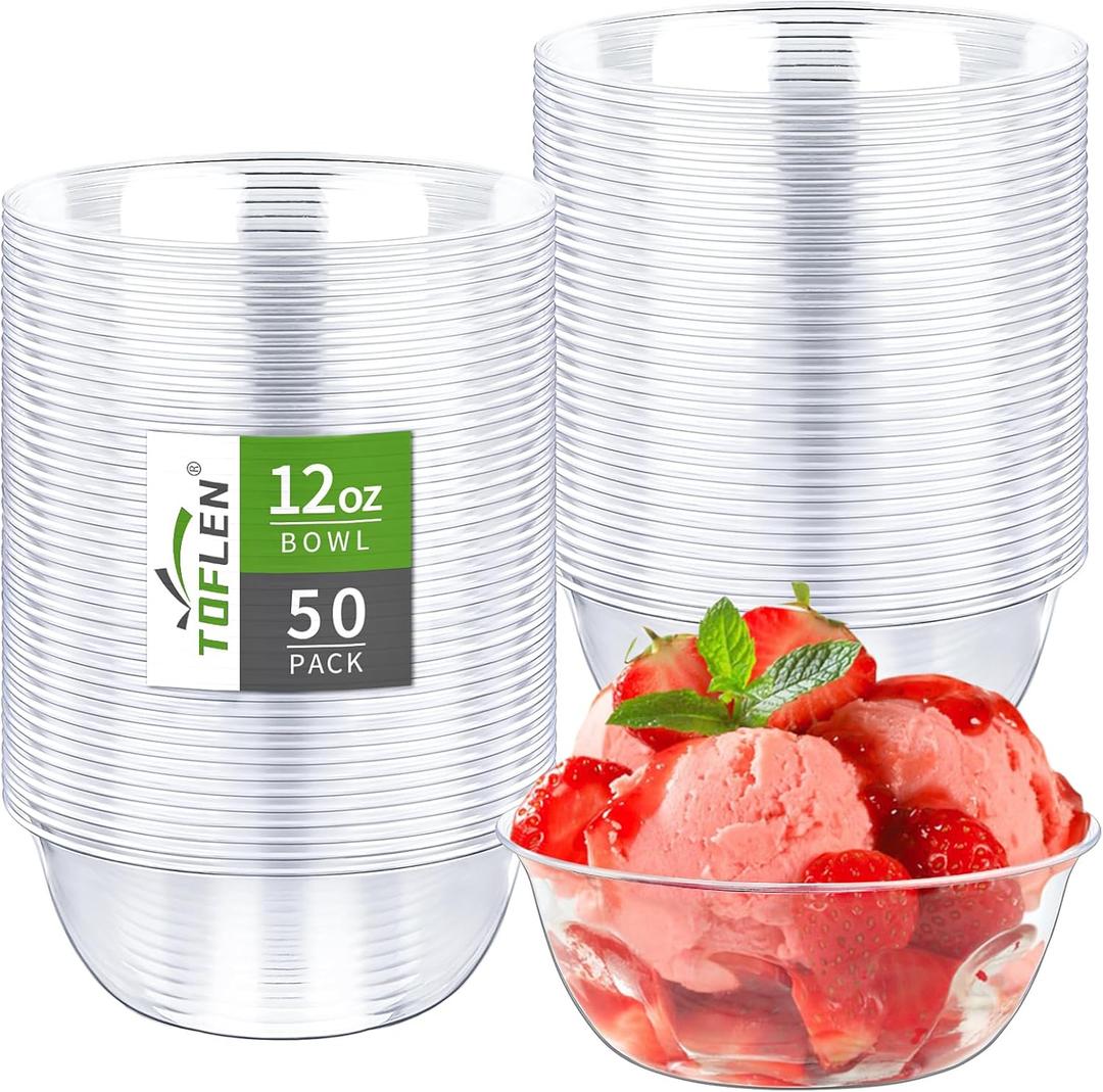 TOFLEN 12 oz Clear Plastic Bowls, 50 Pack Disposable Small Hard Plastic Serving Bowls for Party, Ice Cream, Dessert, Fruit, Appetizer, Soup, Snack, Home or Event Party Supplies