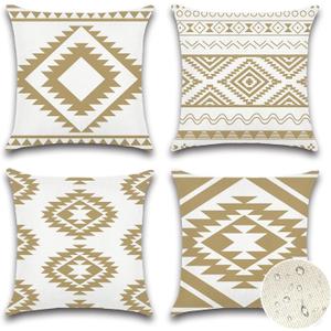 OTOSTAR Outdoor Waterproof Throw Pillow Covers 18x18 Inch Set of 4 Boho Farmhouse Outdoor Cushion Covers for Patio Funiture GardenGeometry80-Khaki