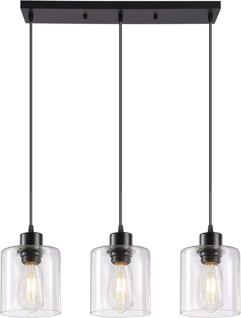 3-Light Pendant Light Fixtures with Clear Glass, Black Hanging Light Fixture for Ceiling, Adjustable Kitchen Island Light for Dinning Room, Bedroom,Hallway, E26 Base, Bulbs Not Included