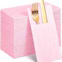 60 Pcs Pink Linen-Feel Paper Napkins with Built-in Flatware Pocket, Mother's Day Pocket Linen Napkin Prefolded Cloth Like Paper Napkins Bulk for Anniversay Wedding Baby Shower Birthday Bridal Party
