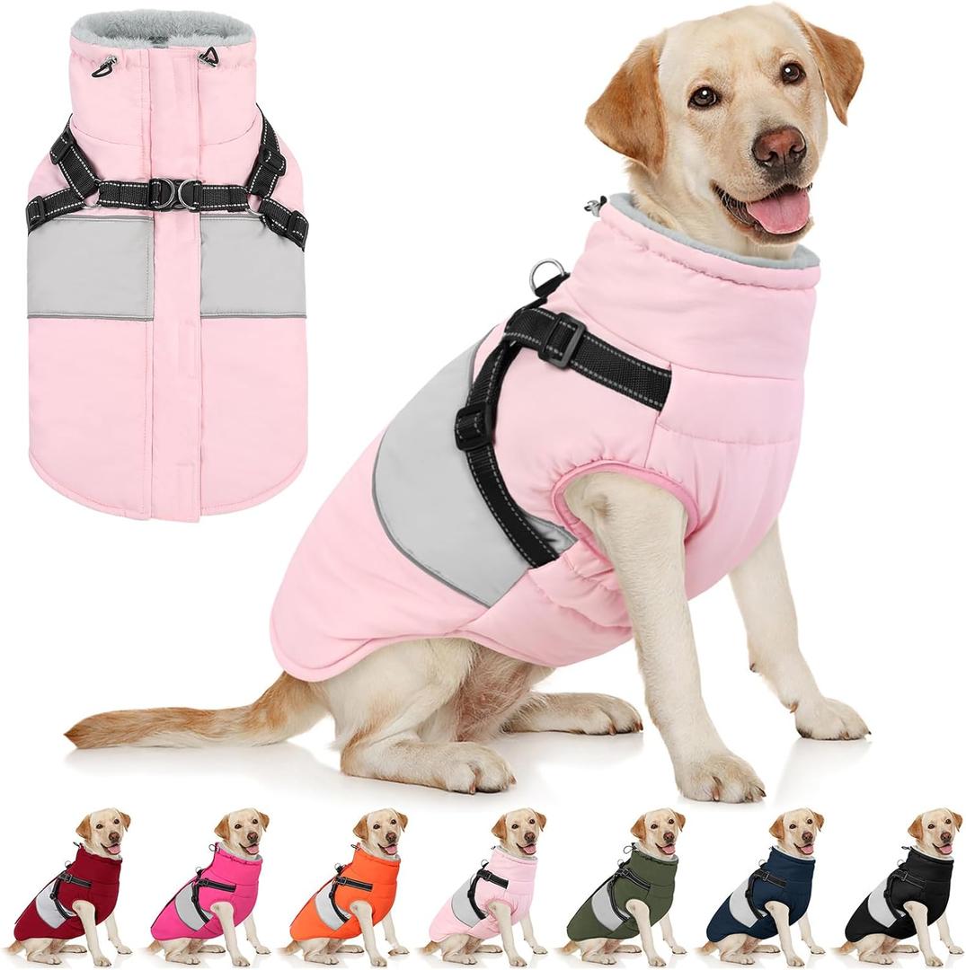 AOFITEE Dog Coat, XLarge Dog Jacket, Dogs Coat with Harness Built in, Reflective Waterproof Dogs Jackets Winter with Furry Collar, Warm Polar Fleece Pet Sweater Snowsuit for Doberman, Great Dane, XXL (Pink)