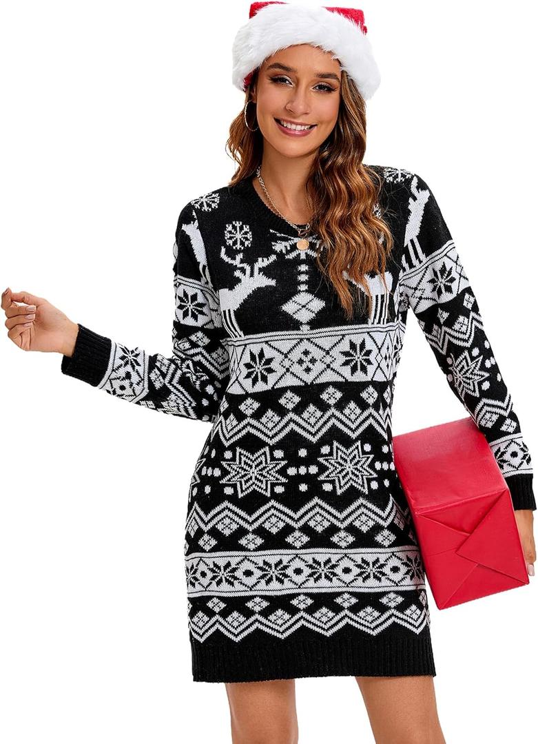Ugly Christmas Sweaters Dresses with Santa Hat Knit Sexy Christmas Outfits for Women (Small, Reindeer Black)