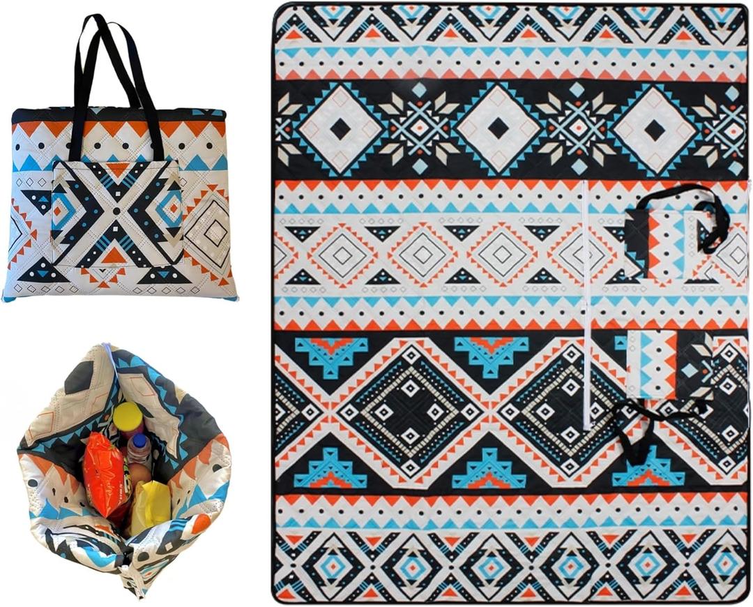 Outdoor Packable Picnic Blanket with Zipper Folds into Tote Bag with Large Storage and Shoulder Strap, Waterproof Sandproof for Lawn Beach Hiking Camping (Colorful 2, Large)