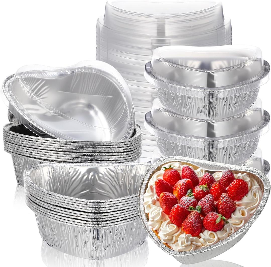 Hushee 24 Pcs 15 oz Valentine's Day Heart Shaped Cake Pan with Lid 6.3 Inch Aluminum Foil Disposable Cupcake Baking Pan Heart Food Packing Muffin Tin Liner Pudding Cooking Cup for Mother's Day