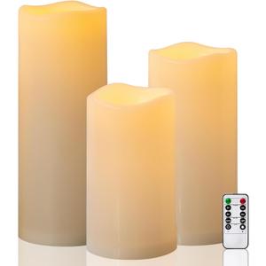 10" 12" 14" x 5" Extra Large Waterproof Outdoor Flameless Candles Battery Operated LED Pillar Candles for Indoor Outdoor Lanterns, Off White, Long Lasting, Set of 3