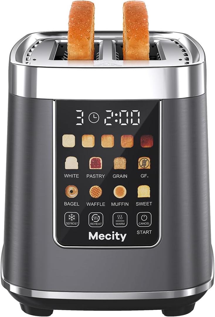 Mecity 2 Slice Toaster with Touch Screen & Auto Lift, Stainless Steel Cool-Touch Toaster with 8 Bread Settings, 5 Shade Levels, 1200W High Power, Keep Warm & Reheat Function, Metallic Grey, 120V